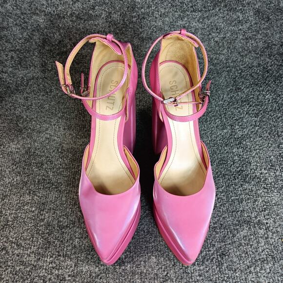 Schutz Elysee Heels Double Platform 8.5 Pink Ankle Strap Pointy Toe Block Dress - Picture 3 of 16